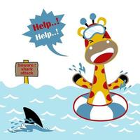 Vector cartoon of funny giraffe swimming in the beach under shark attack