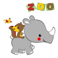 Funny fox ride on cute rhino with little bird, vector cartoon illustration