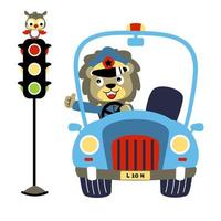 Cute lion on police car with little owl perch on stoplight, vector cartoon illustration