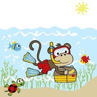 Funny monkey diving undersea carrying treasure chest with marine animals, vector cartoon illustration