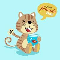 Funny cat with fish on jar, vector cartoon illustration