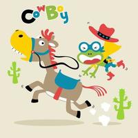 Funny frog in superhero costume riding horse, vector cartoon illustration