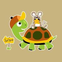Little mouse holding cheese ride on turtle, vector cartoon illustration