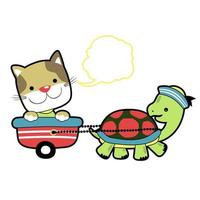 Funny turtle pulling cat with cart, vector cartoon illustration