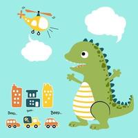 vector cartoon of funny monster with vehicles in city