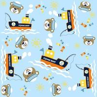 Vector cartoon seamless pattern of cute bear the sailor with sailing elements and fishes