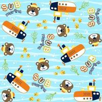 Vector cartoon seamless pattern of cute bear with nautical elements