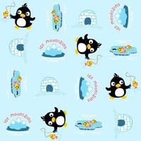 Vector cartoon seamless pattern of cute penguin fishing with igloo and ice mountain, north pole elements