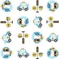 Vector cartoon seamless pattern of cute hippo in traffic cop uniform with traffic elements