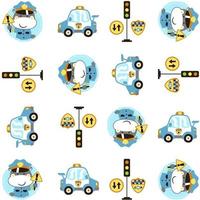 Vector cartoon seamless pattern of cute hippo in traffic cop uniform with traffic elements