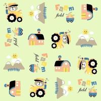 Vector cartoon seamless pattern of farming elements, bear on tractor