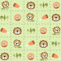 vector cartoon seamless pattern of cute lions with meat, footpath logo and trees