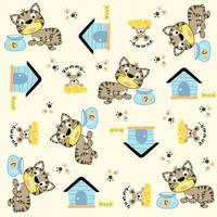 vector cartoon seamless pattern of cute cat with mice, little fish in the jar, pets element illustration