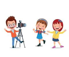 Cute boys taking photo using smartphone and camera cartoon vector illustration