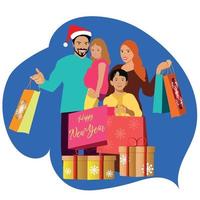 A happy family is in a hurry for a big Christmas sale in the store. People buy gifts for New Year 2023. Vector illustration.