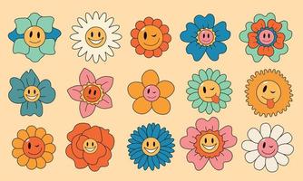 floral dibujos animados caracteres. conjunto de pegatinas en de moda retro estilo. aislado vector ilustración. hippie estilo años 60, 70s.gracioso margarita con ojos y sonrisa.