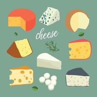 Set with different types of cheese. Cheese set isolated on green background. An assortment of hard, soft, moldy, spiced cheeses made from cow, sheep or goat milk. vector