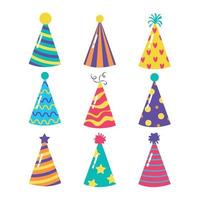 Set of colored birthday hats isolated on a white background. Vector cones in flat cartoon design.Cap collection.