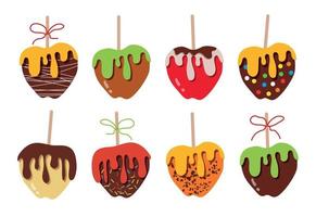 Set of vector candied apples in caramel. Isolated apples - sweets in chocolate, caramel and toffee.