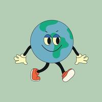 Cute planet earth character. Cute earth globe with emotions, face, arms, legs in shoes. Cartoon style. Hand drawn fashion vector illustration. World earth day, nature care concept