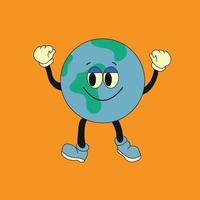 Cute planet earth character. Cute earth globe with emotions, face, arms, legs in shoes. Cartoon style. Hand drawn fashion vector illustration. World earth day, nature care concept