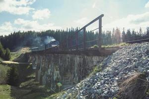 Train passing railway bridge near Carpathian forest landscape photo