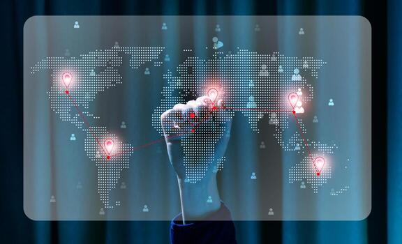 A woman traces a route on a virtual world map with a red marker, concept of finding optimal paths, reducing delivery costs photo