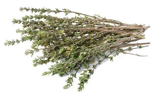 Sprigs of thyme on a white isolated background, top view photo