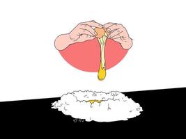 Hands opening egg and dropping egg yolks on top on a wheat for making a bakery vector