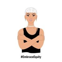 Girl embraces herself vector illustration. International womens day gesture. Embrace equity campaign. Support gender equality. Queer person hug themself. IWD poster.