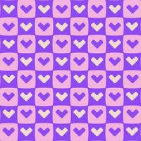 Groovy geometric seamless pattern.  Checkered repeated ornament with pixel hearts. Retro vibe background. Vector design for textile, fabric, backdrop, wallpaper, packaging, wrapper.