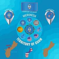 Set of vector illustrations of flag, contour map, money, icons of Guam island. Travel concept.