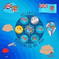 Set of vector illustrations of flag, contour map, money, icons of Fiji Island. Travel concept.