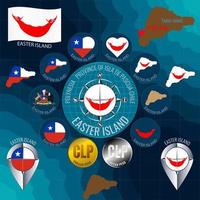 Set of vector illustrations of flag, contour map, money, icons of Easter Island Province. Travel concept.