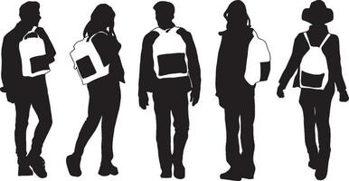 Set of vector realistic silhouettes of man and woman standing with backpack in different poses. Isolated on white background