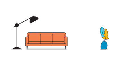 modern sofa met een lamp en plant, schattig interieur in vlak stijl png