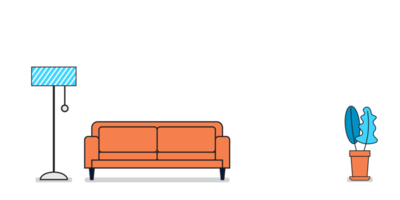 moderno sofá com uma luminária e plantar, fofa interior dentro plano estilo png