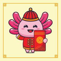 Cute axolotl with big red envelope in chinese new year. vector