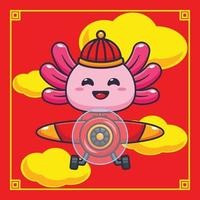 Cute axolotl fly with plane in chinese new year. vector