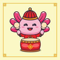 Cute axolotl playing drum in chinese new year Cartoon vector Illustration.