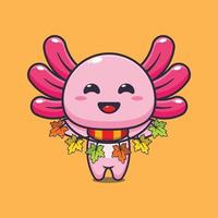 Cute axolotl with autumn leaf decoration cartoon vector illustration.