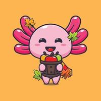 Cute axolotl holding apples in wood bucket cartoon vector illustration.