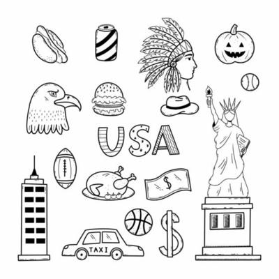 Doodle set USA. National symbols of America. Statue of Liberty in New York. Hand drawn sketch.