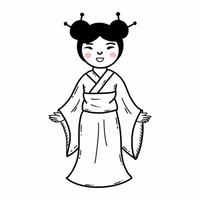 Japanese girl in kimono. Beautiful woman in traditional outfit. Japanese culture. Vector doodle illustration. Sketch.