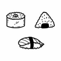 Japanese sushi and rolls. Vector doodle illustration. Sketch by hand. Icon on white background.