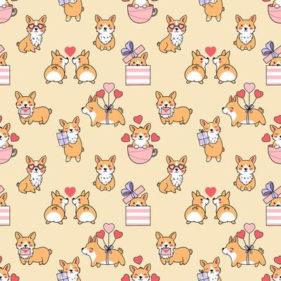 Cute corgi. Seamless pattern. Printing on fabric and wrapping paper. Wallpaper for nursery. Valentine's day.