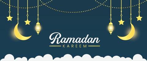 Ramadan Kareem Banner. Ramadan Islamic Holiday Graphic Template with Gold Lantern Ornament and Light vector