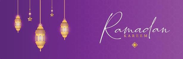 Ramadan Kareem Banner. Ramadan Islamic Holiday Graphic Template with Gold Lantern Ornament and Light vector