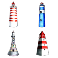 Set of brown, blue, red and aqua color lighthouses.  PNG illustration marine animals.