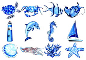 marinier reeks blauw kleur met schildpad, krab, vis, pijlstaartrog, dolfijn, zeepaardje, zeeschelp, inktvis, koraal, zeester, jacht, vuurtoren. png
